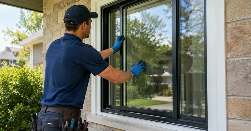 technician measuring a broken window pane for replacement in Ardagh, Barrie