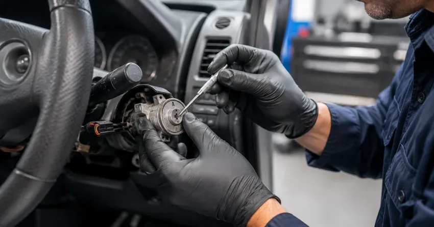 technician diagnosing an ignition lock repair issue in Timberwalk, Barrie