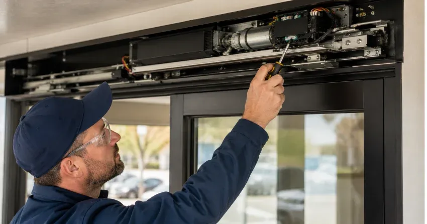 technician completing automatic door repair on residential property in Maple Ridge, Barrie