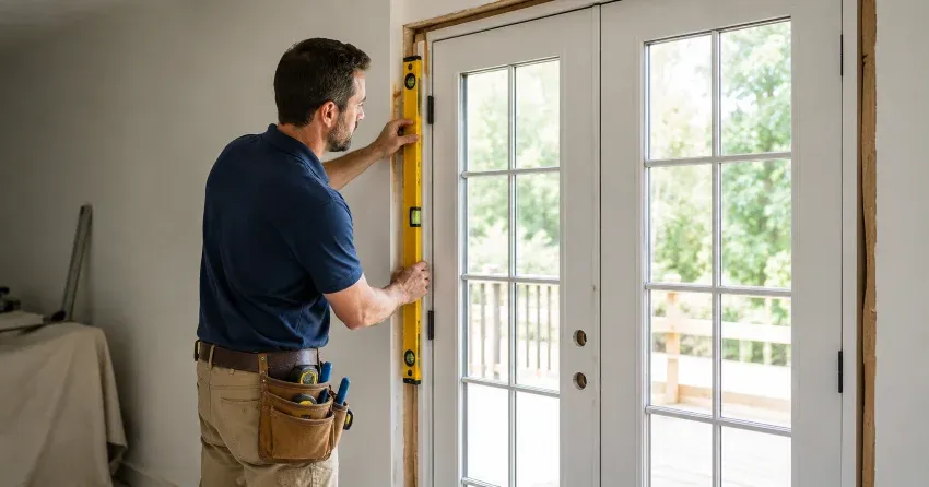 newly installed French doors with divided glass panes in Maple Ridge, Barrie