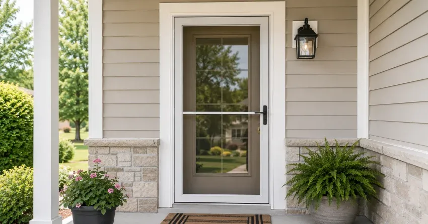 technician hanging storm door square and plumb in Maple Ridge, Barrie