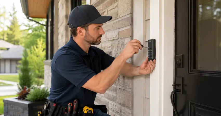 Technician installing an access control system keypad beside a residential front door in Bayfield, Barrie