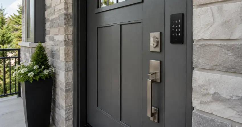 High-security door hardware and access control keypad installed on a residential entry door in Codrington, Barrie
