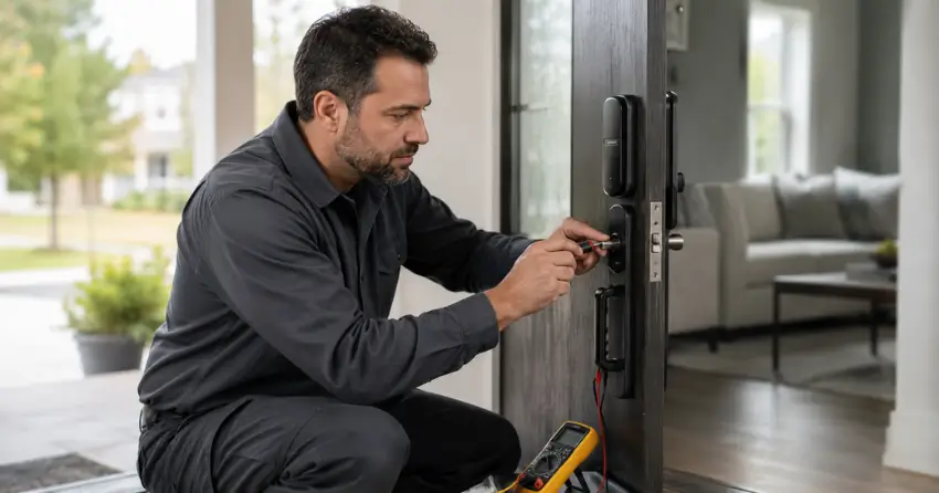technician diagnosing automatic door lock mechanism on residential door in Maple Ridge, Barrie