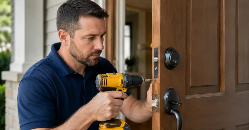 technician installing a new deadbolt during Change Door Lock Maple Ridge, Barrie service