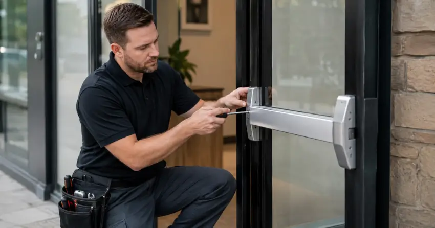 commercial locksmith repairing exit device on storefront door Sunnidale, Barrie