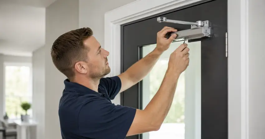 technician adjusting door closer hydraulic valve in Maple Ridge, Barrie home