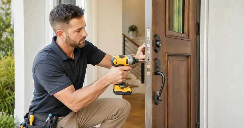 locksmith installing new deadbolt lock on front door in Maple Ridge, Barrie