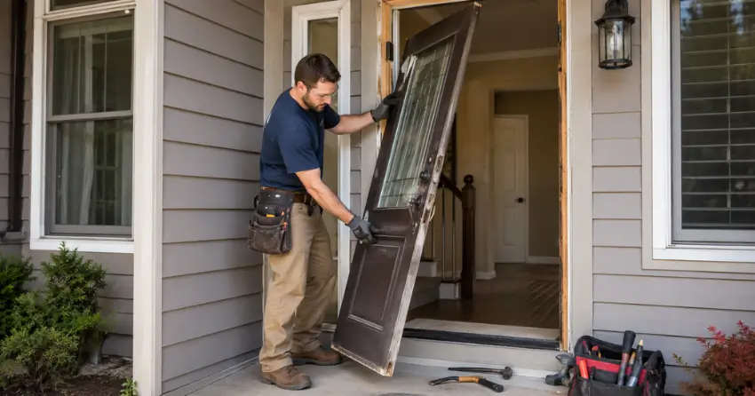 old exterior door being removed for replacement in Codrington, Barrie