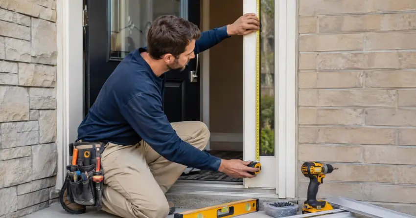 technician measuring door frame before storm door install in Sunnidale, Barrie