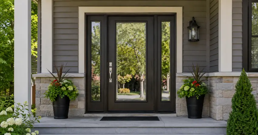 glass entry door with sidelights on a home in Timberwalk, Barrie