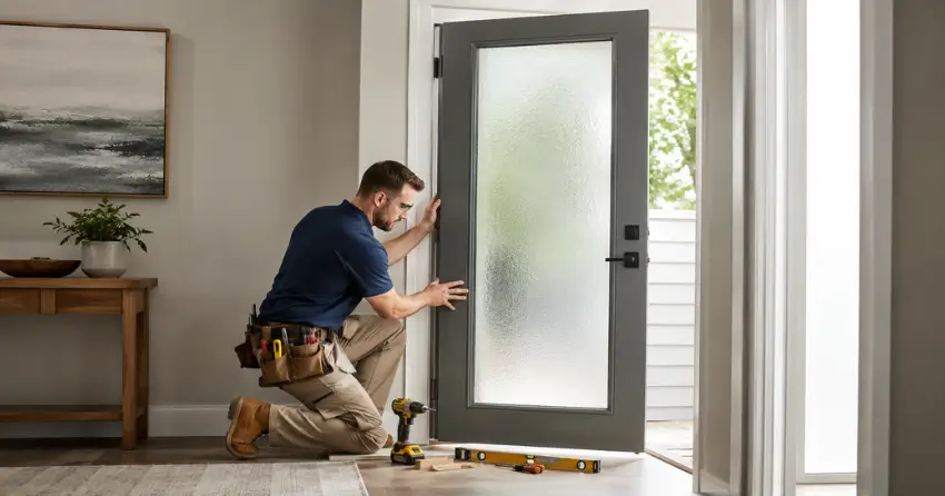 glass panel door installation with frosted privacy glass in residential setting in Codrington, Barrie