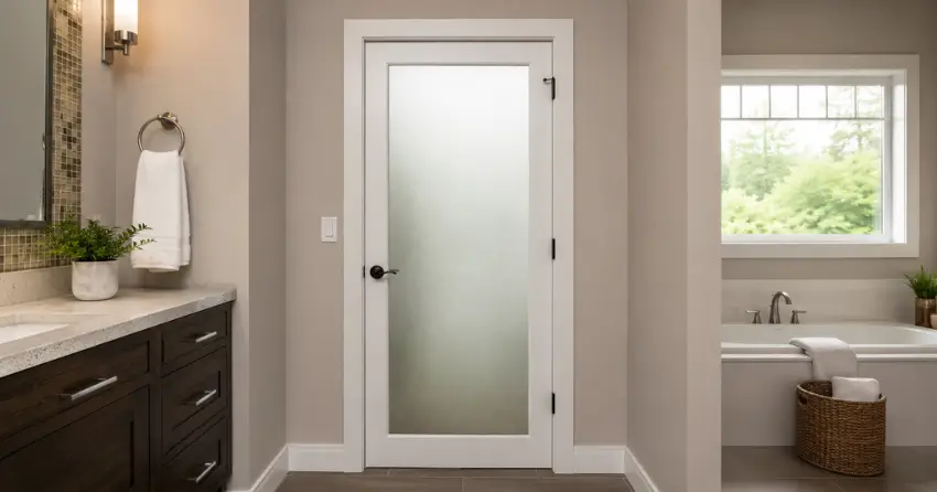 frosted glass panel bathroom door installed in a Maple Ridge, Barrie home