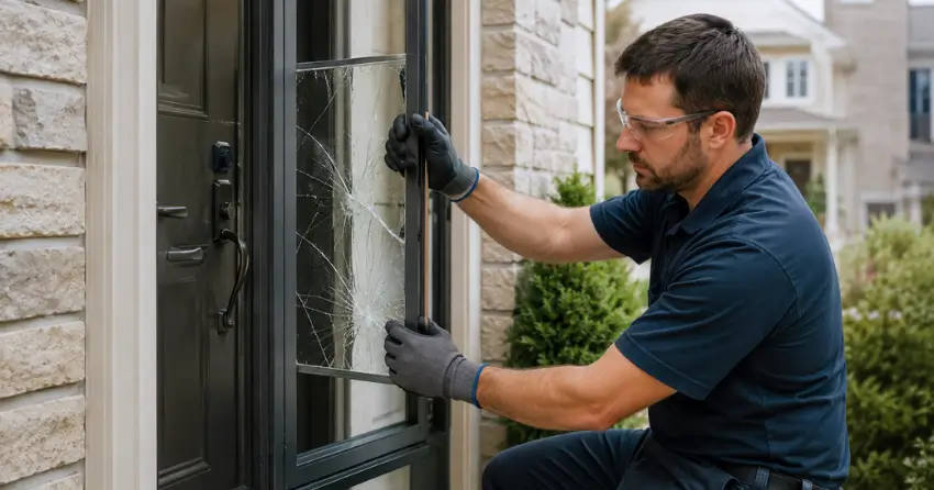 technician removing cracked storm door glass panel in Maple Ridge, Barrie