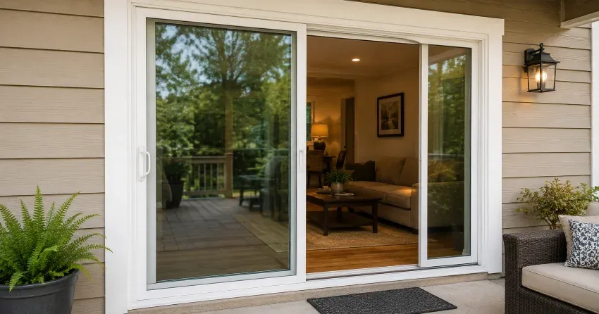 Patio Door Installation technician setting a new frame in Sunnidale, Barrie