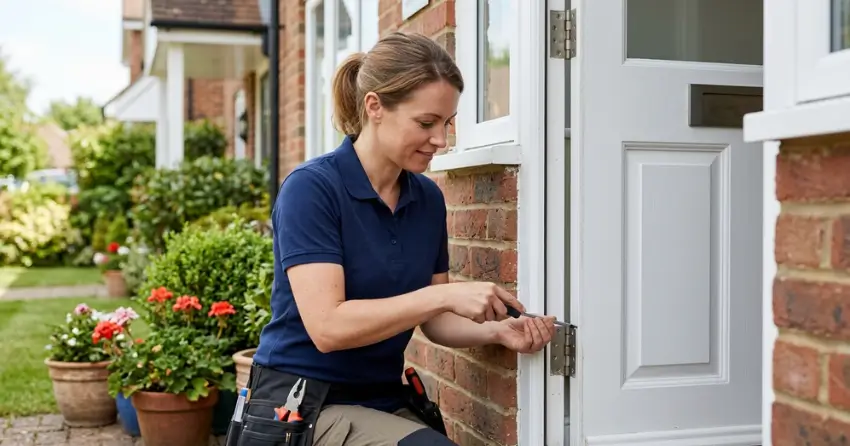 technician repairing exterior door hinge and frame in Ardagh, Barrie
