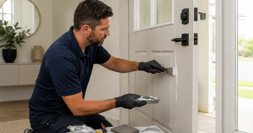 technician repairing fiberglass door surface crack in The Grove, Barrie