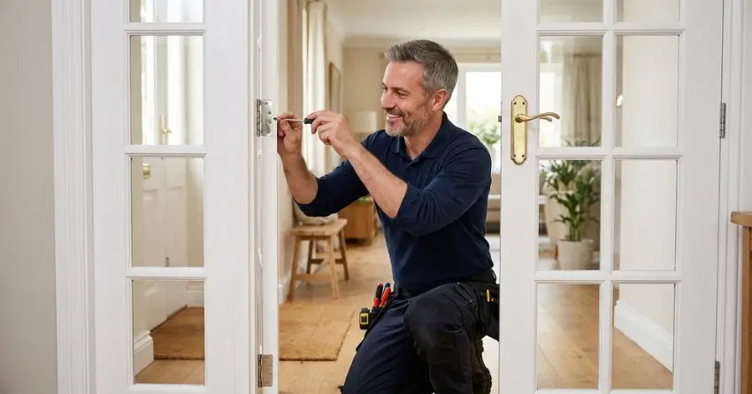 technician adjusting French door hinge for proper alignment in Bayfield, Barrie