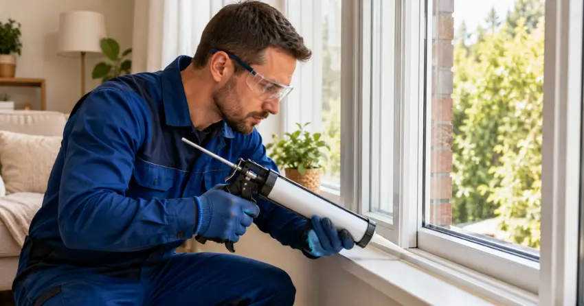technician repairing window seal and frame in The Grove, Barrie