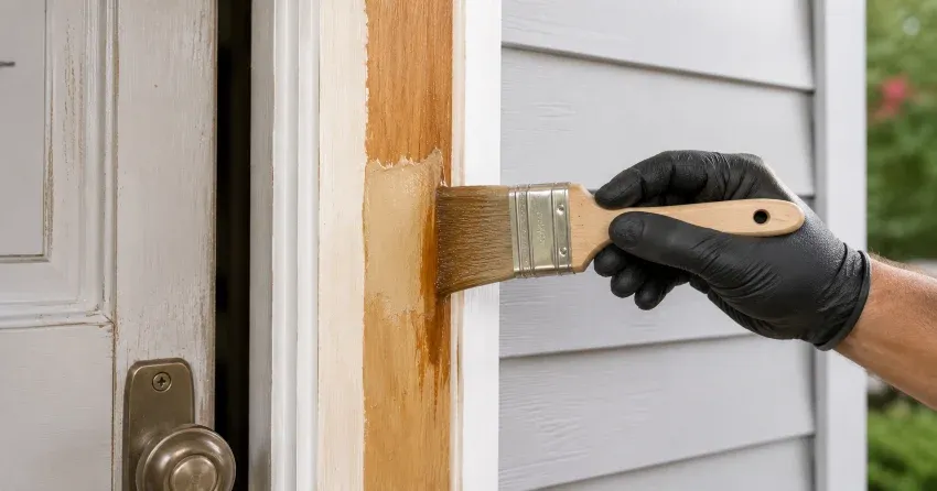 technician probing rotted wood on a door frame in Bayfield, Barrie