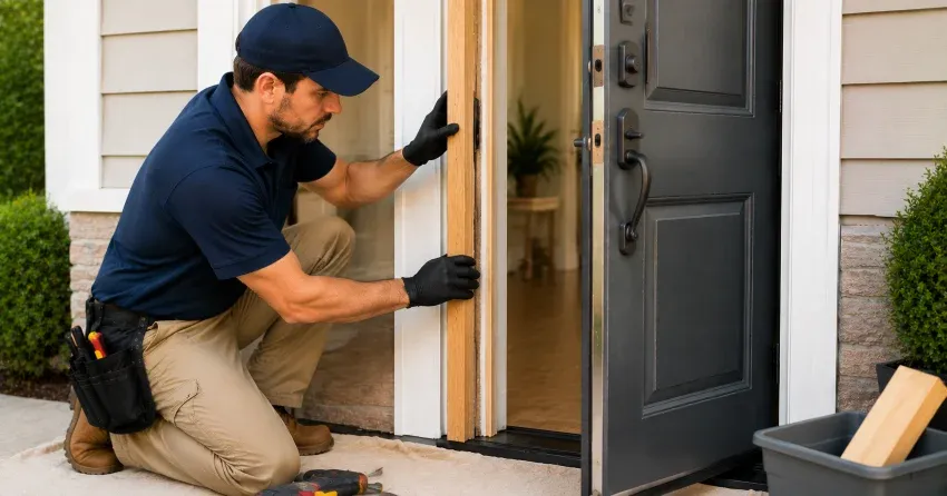 technician inspecting damaged door frame corner in Codrington, Barrie