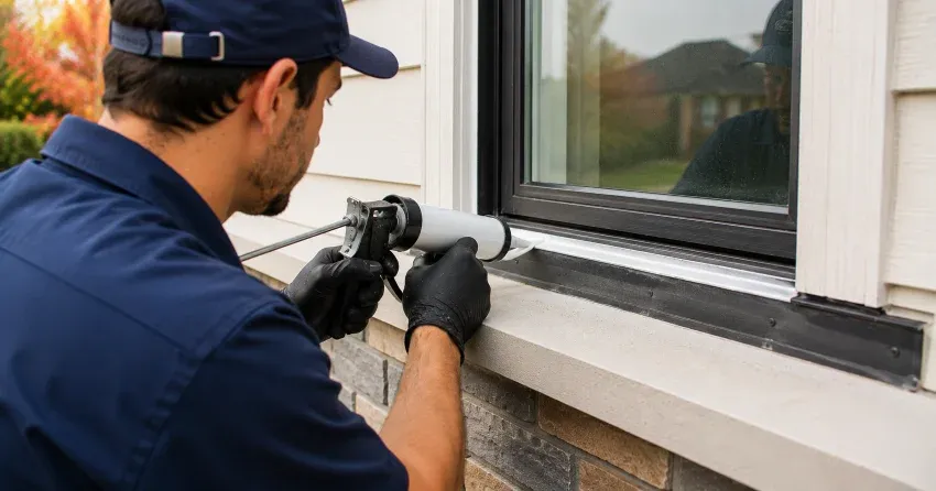 technician inspecting window flashing for leak source in The Grove, Barrie